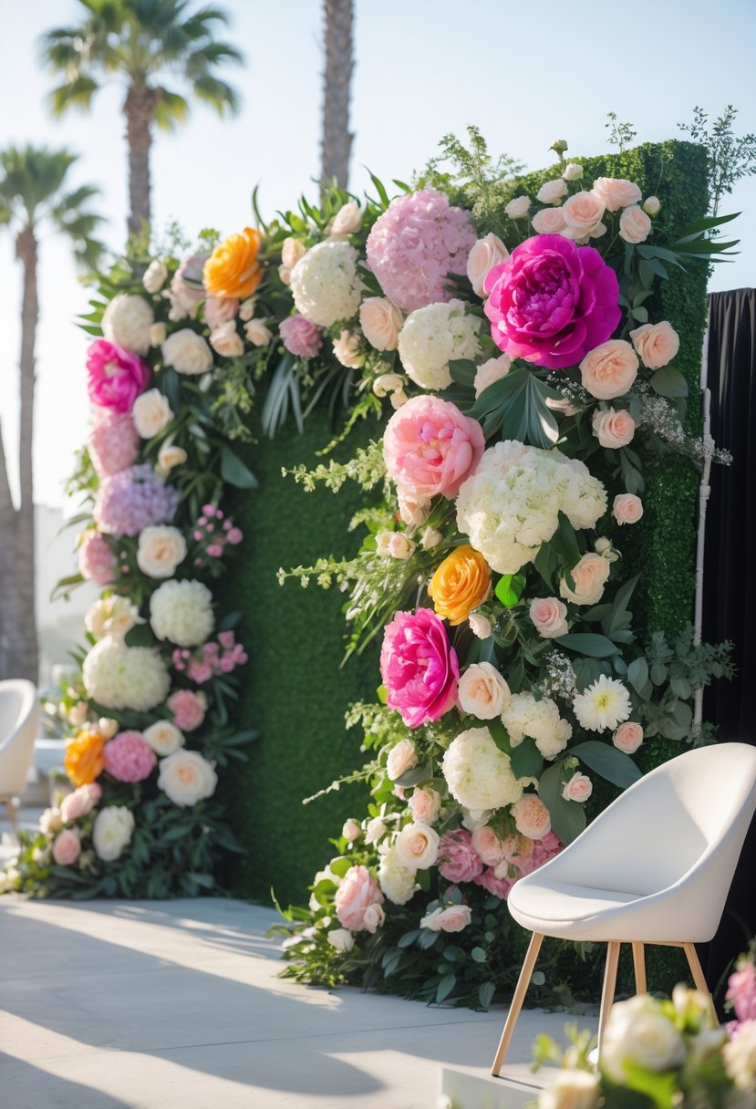 5 Best Flower Wall Rental Los Angeles for Elegant Event Decor Solutions 9 A colorful flower wall with various fresh flowers outdoors, set up as an event backdrop with a chair and table nearby, with palm trees in the background.