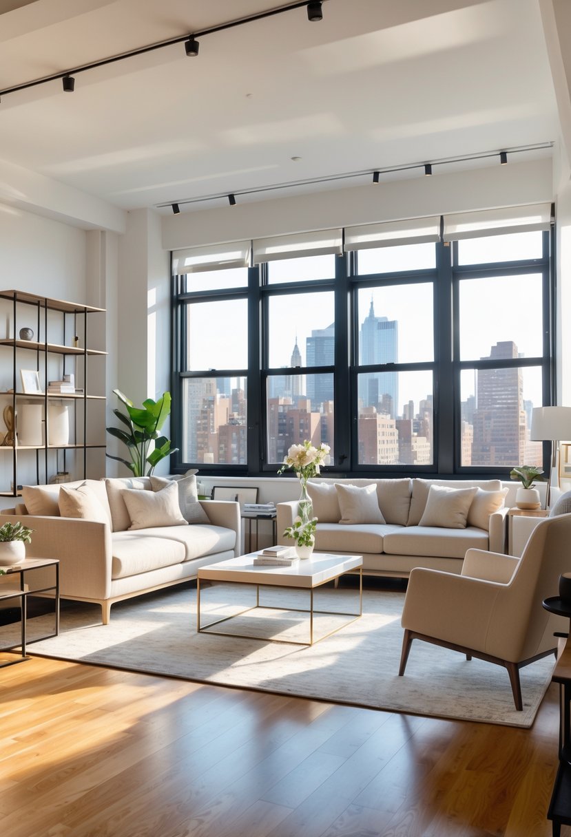 7 Best Furniture Rental Brooklyn NY for Affordable and Stylish Home Solutions 2 A modern living room with sofa, coffee table, armchair, bookshelf, and large windows showing a city view.