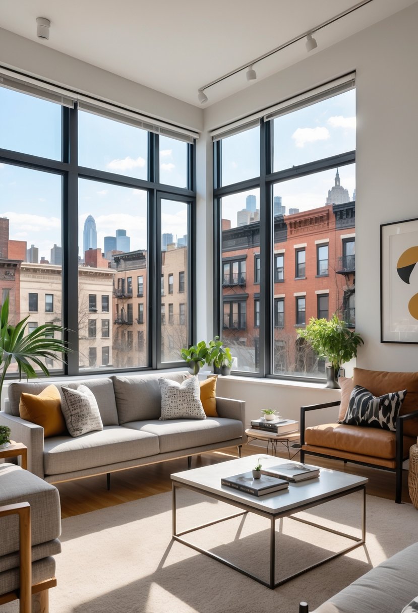 7 Best Furniture Rental Brooklyn NY for Affordable and Stylish Home Solutions 10 A modern living room in a Brooklyn apartment with a sofa, coffee table, plants, and large windows showing city buildings outside.