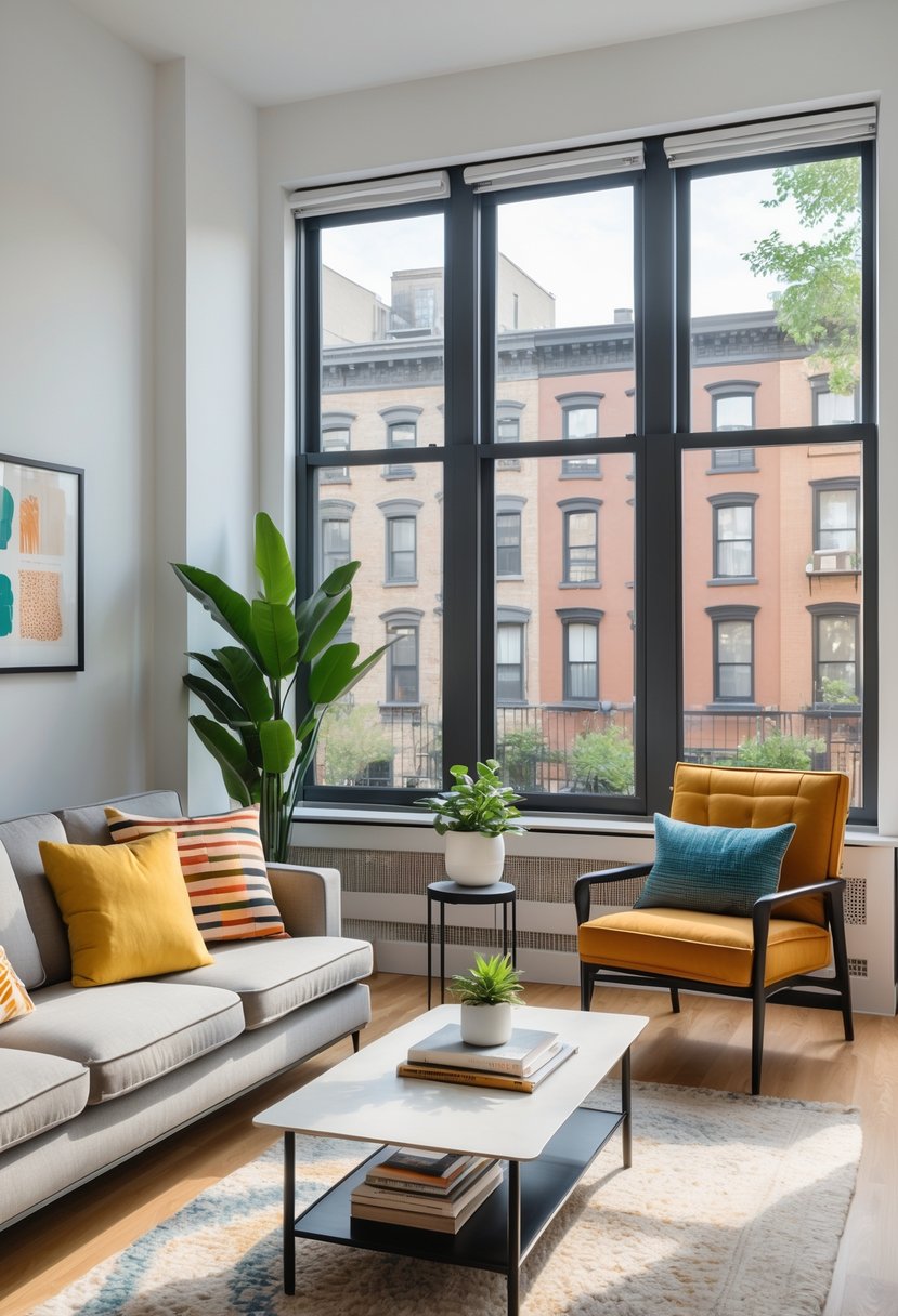 7 Best Furniture Rental Brooklyn NY for Affordable and Stylish Home Solutions 11 A modern living room in a Brooklyn apartment with rented furniture, including a sofa, coffee table, armchair, and a view of brownstone buildings outside.