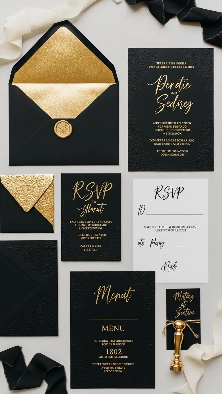 Chic Black and Gold Wedding Color Palette Ideas 8 Black Invitations with Gold Foil Accents