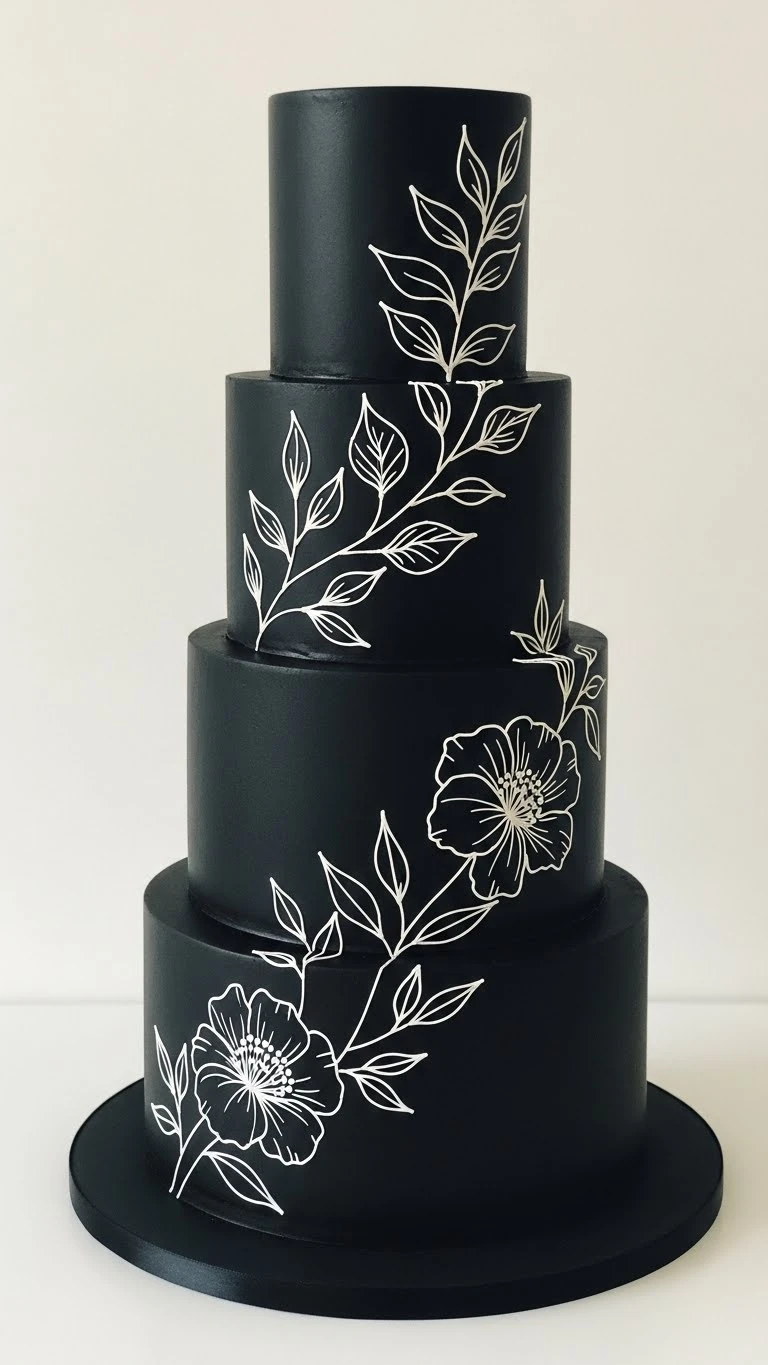 Black Wedding Cakes Ideas for a Luxe Celebration 19 Black Wedding Cake with Botanical Line Art