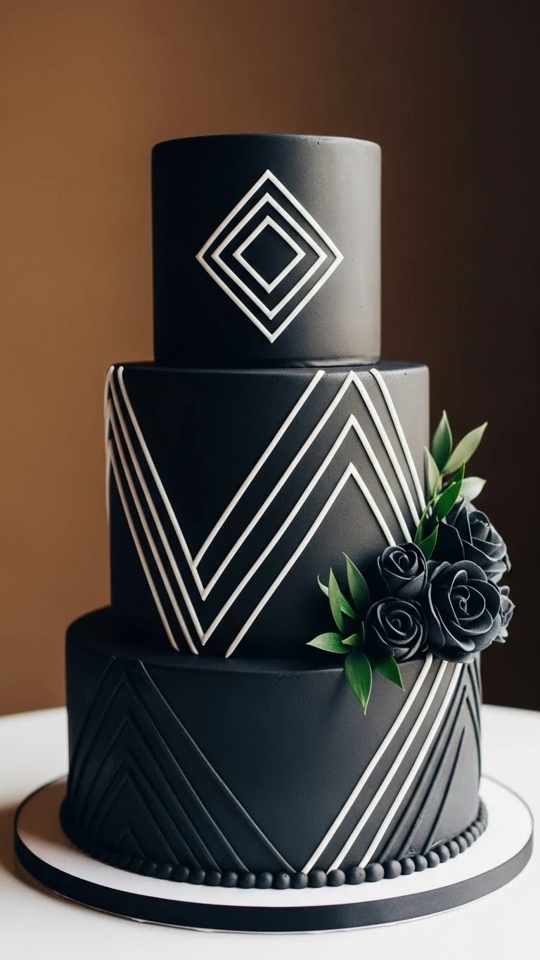Black Wedding Cakes Ideas for a Luxe Celebration 9 Black Wedding Cake with Geometric Patterns