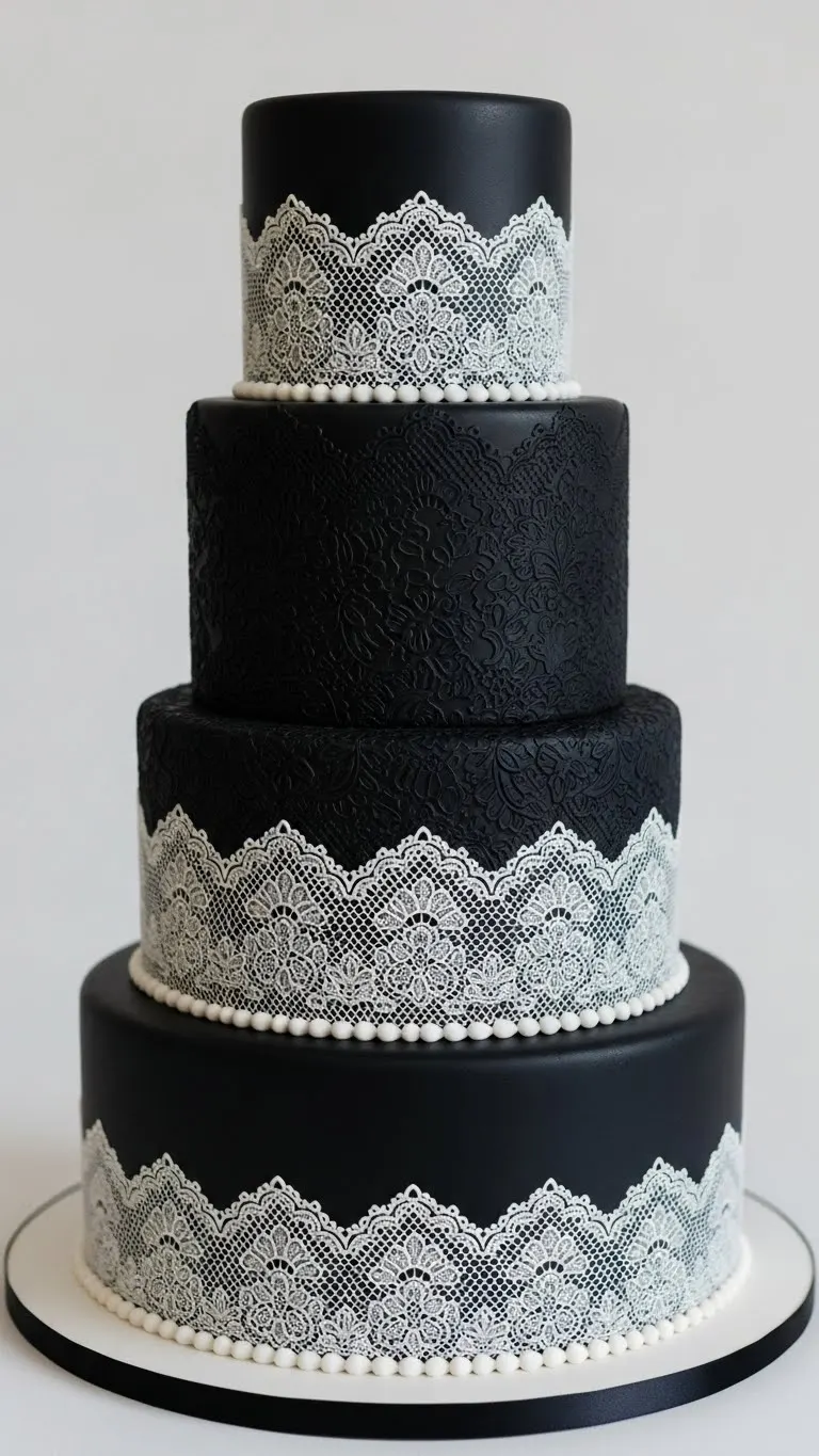 Black Wedding Cakes Ideas for a Luxe Celebration 12 Black Wedding Cake with Lace-Inspired Patterns