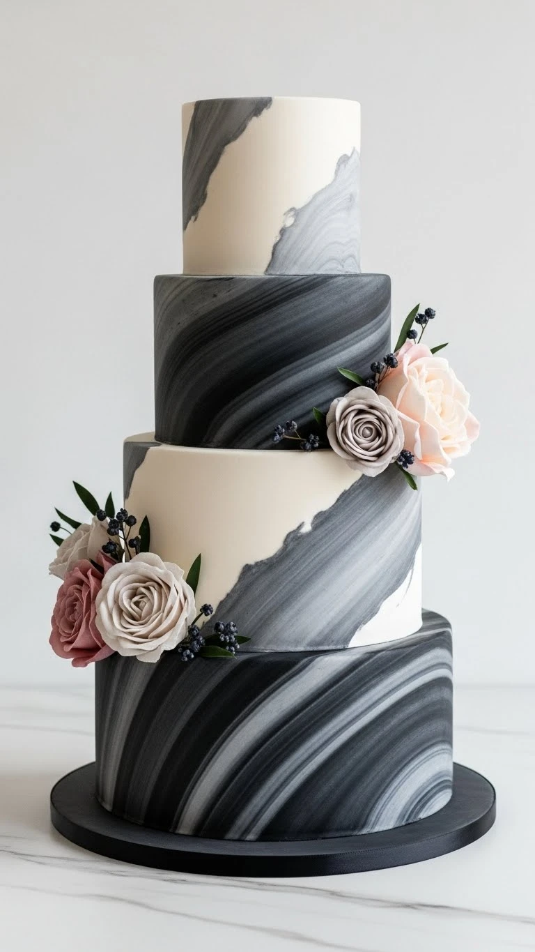 Black Wedding Cakes Ideas for a Luxe Celebration 13 Black Wedding Cake with Marble Effect