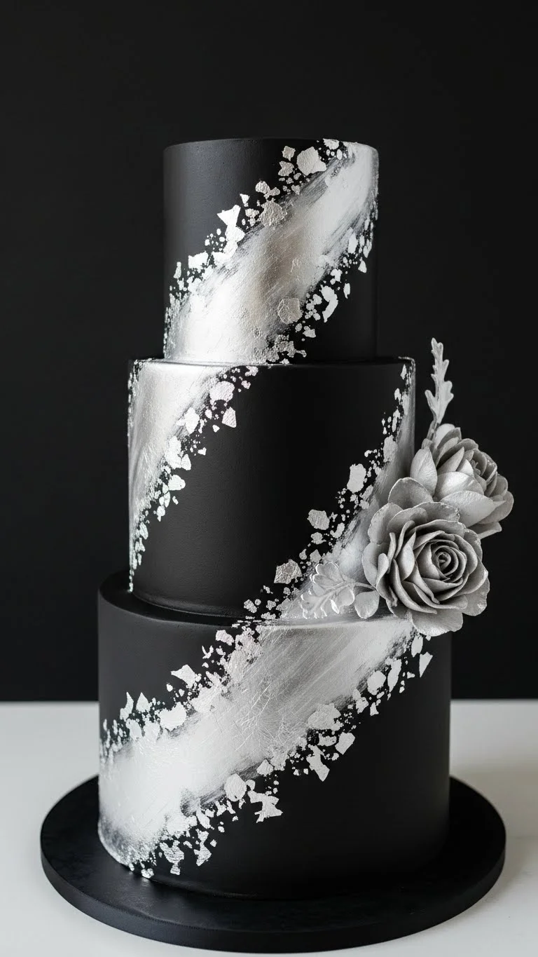 Black Wedding Cakes Ideas for a Luxe Celebration 17 Black Wedding Cake with Metallic Silver Highlights