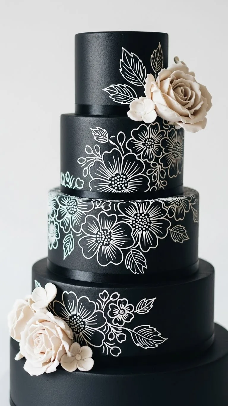 Black Wedding Cakes Ideas for a Luxe Celebration 15 Black Wedding Cake with Minimal Floral Etching