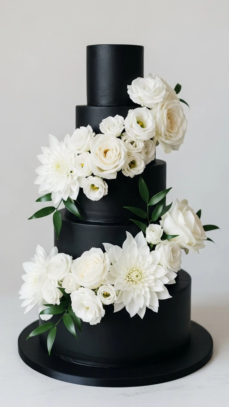 Black Wedding Cakes Ideas for a Luxe Celebration 7 Black Wedding Cake with White Floral Contrast