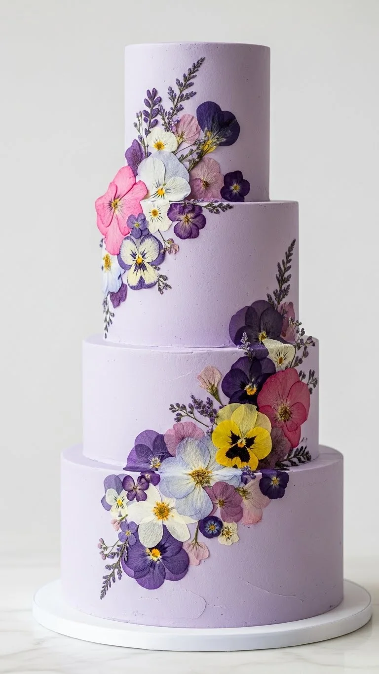 Lavender Wedding Cakes Ideas for a Timeless Celebration 9 Floral-Pressed Lavender Wedding Cake with Artistic Details