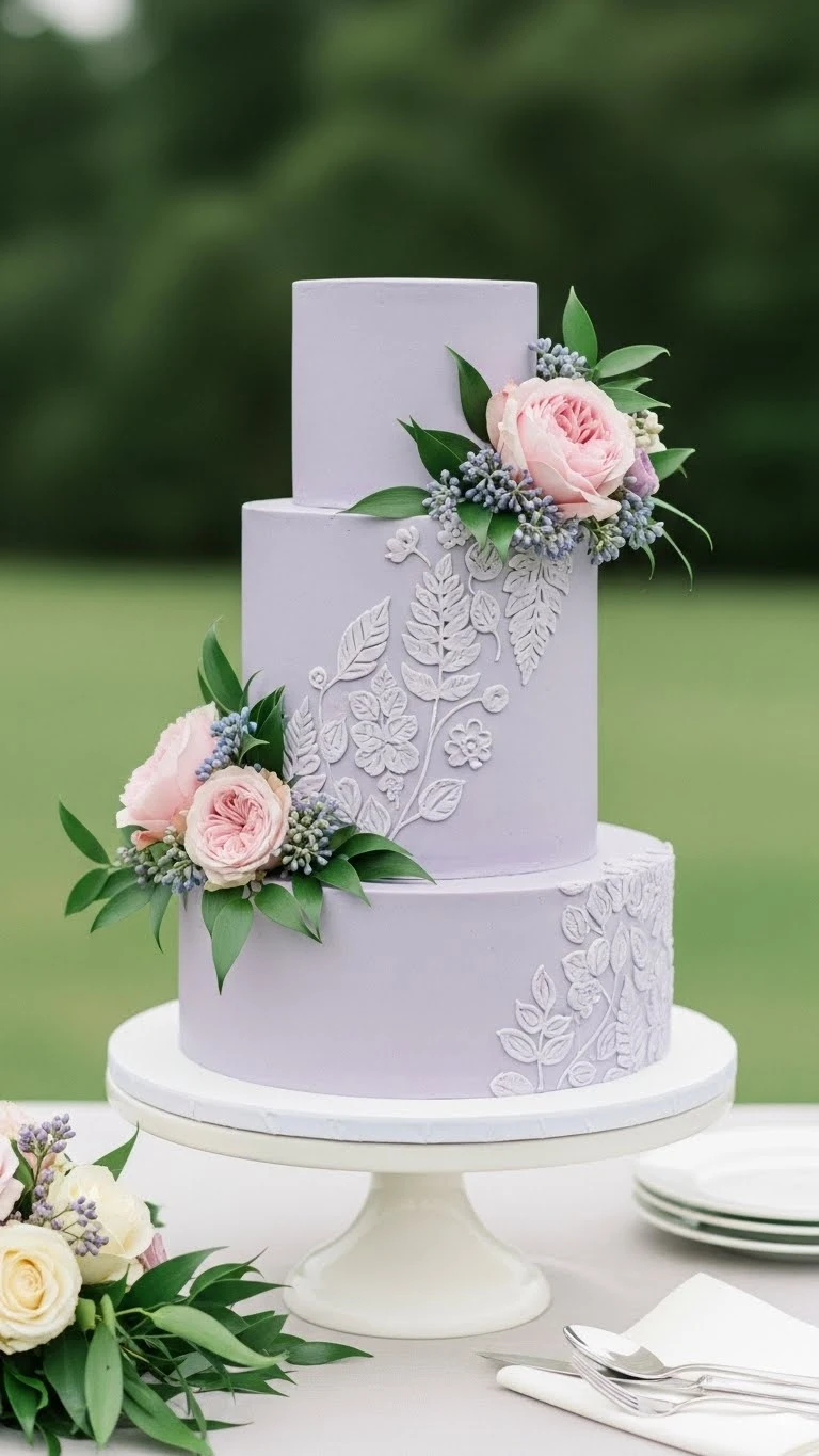 Lavender Wedding Cakes Ideas for a Timeless Celebration 14 Garden-Inspired Lavender Wedding Cake with Botanical Touches