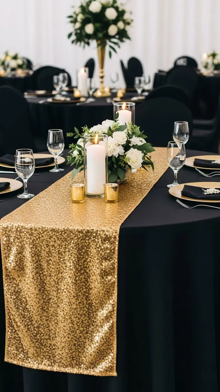 Chic Black and Gold Wedding Color Palette Ideas 7 Gold Table Runners on Black Linen