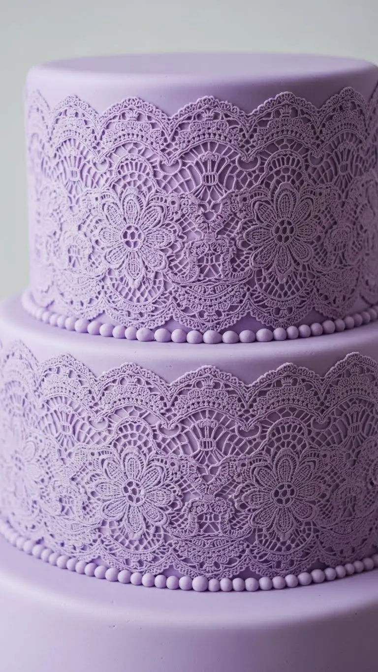 Lavender Wedding Cakes Ideas for a Timeless Celebration 17 Lavender Wedding Cake with Delicate Lace Patterns