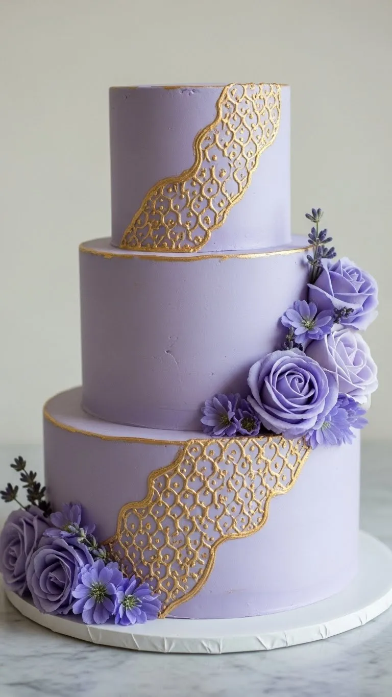 Lavender Wedding Cakes Ideas for a Timeless Celebration 12 Lavender Wedding Cake with Gold Accented Details