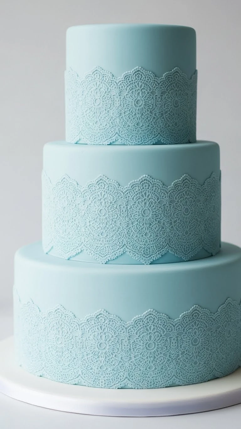 Light Blue Wedding Cake Ideas for a Dreamy Celebration 22 Light Blue Wedding Cake with Delicate Lace Patterns