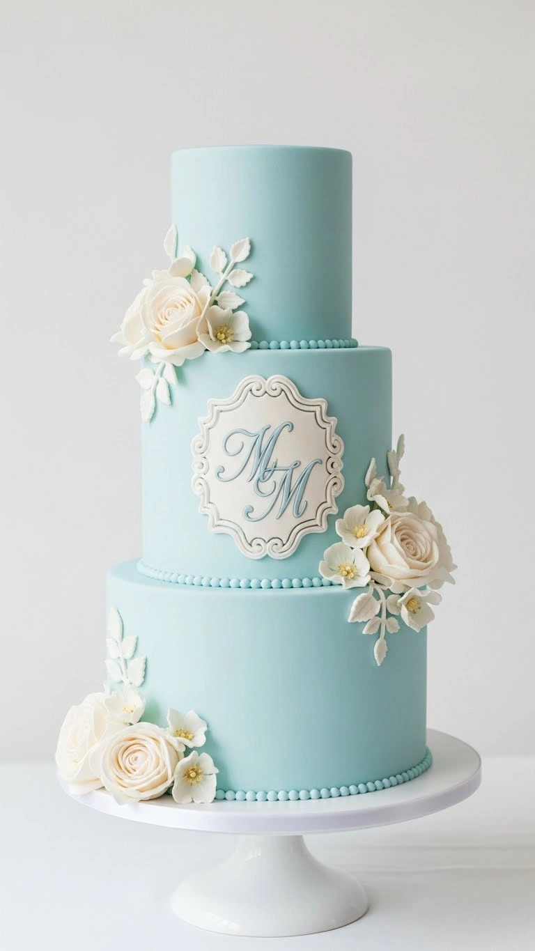 Light Blue Wedding Cake Ideas for a Dreamy Celebration 21 Light Blue Wedding Cake with Elegant Monogram Detail