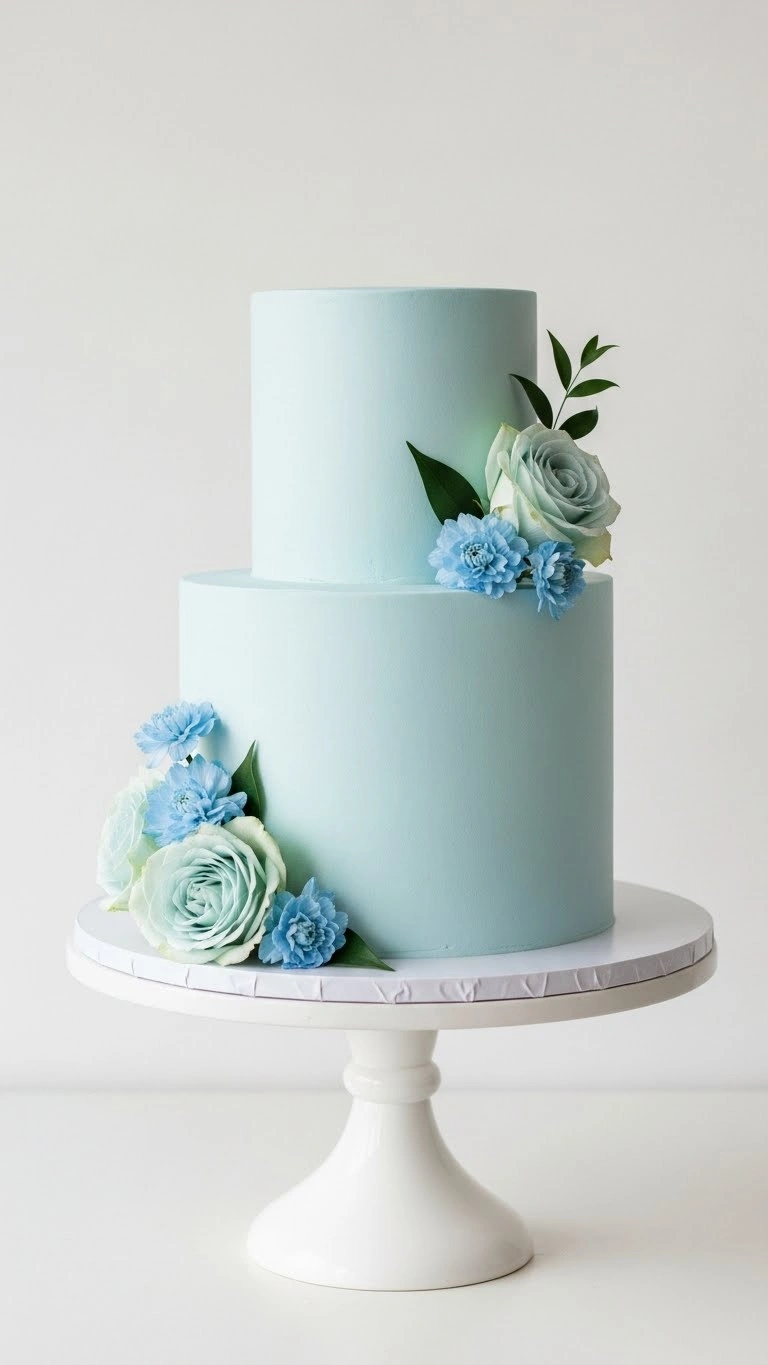 Light Blue Wedding Cake Ideas for a Dreamy Celebration 19 Light Blue Wedding Cake with Minimal Floral Placement