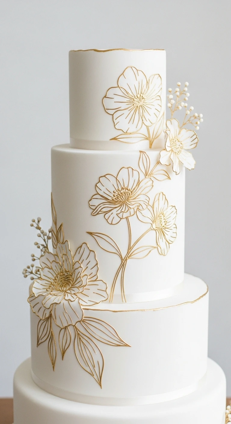 Stunning Gold Wedding Cake Ideas for Any Style 4 Minimal Floral Line Art Gold Wedding Cake