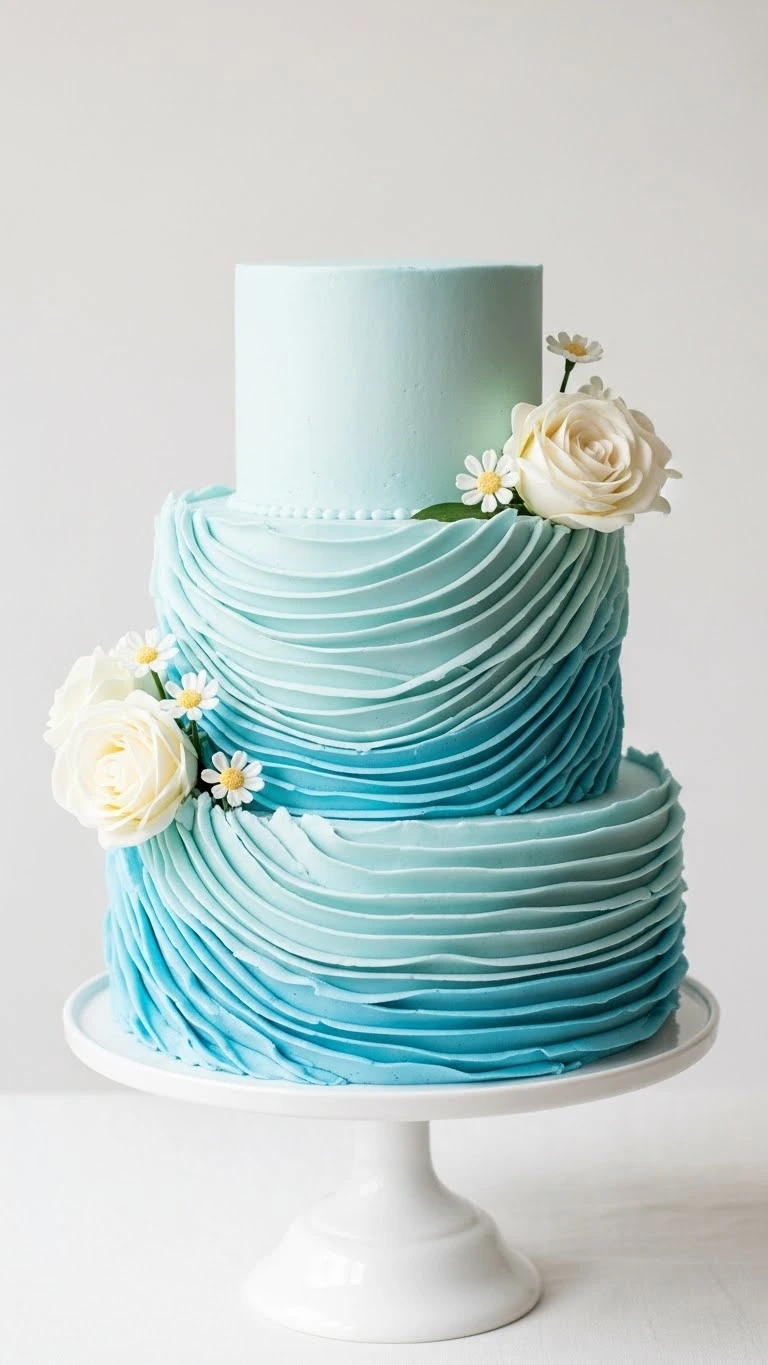 Light Blue Wedding Cake Ideas for a Dreamy Celebration 14 Romantic Ruffled Light Blue Wedding Cake