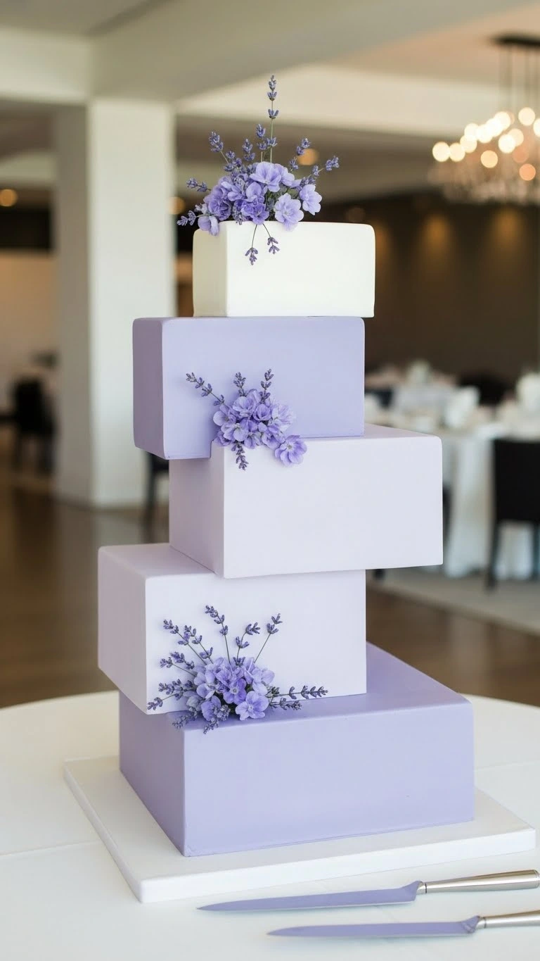 Lavender Wedding Cakes Ideas for a Timeless Celebration 16 Square-Tier Lavender Wedding Cake with Modern Geometry