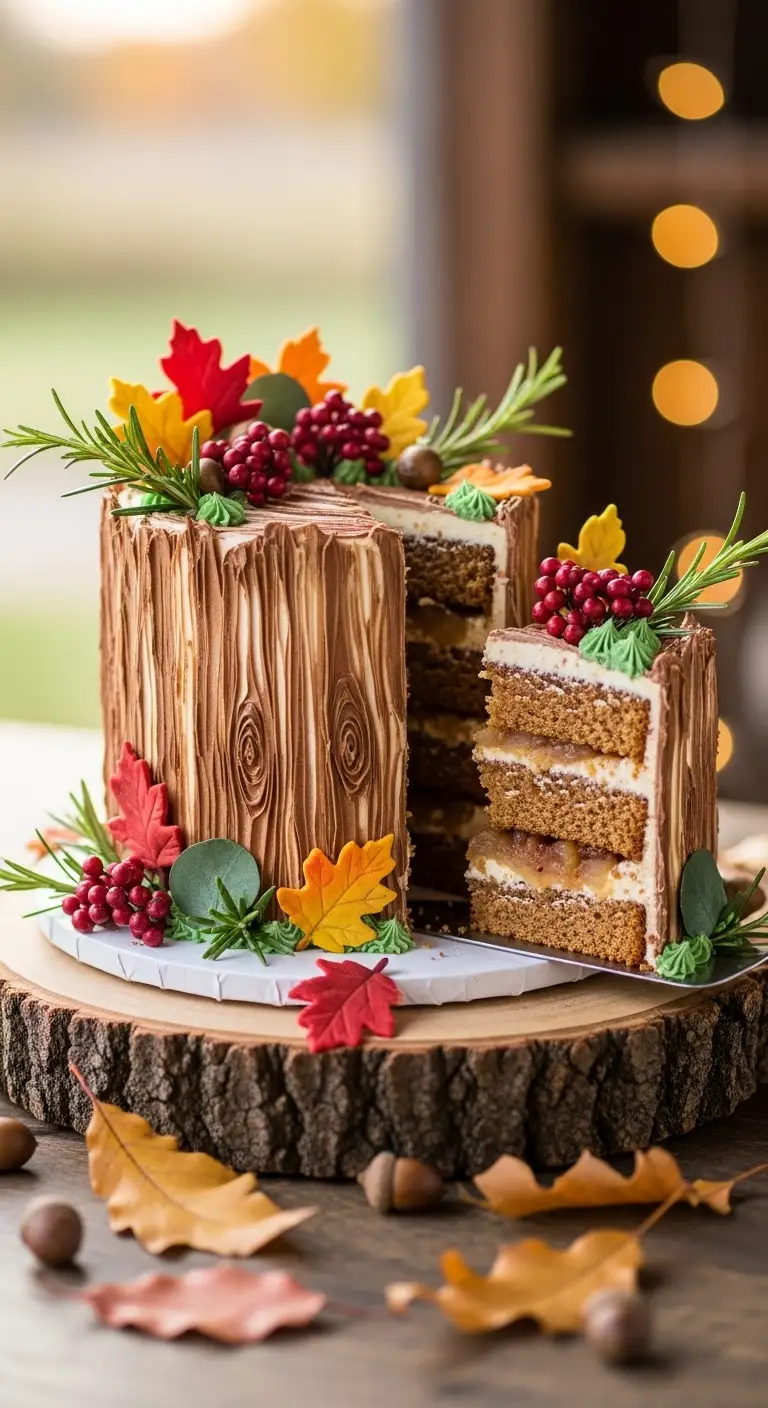 17 Gorgeous Fall Wedding Cake Ideas You’ll Love 3 Tiered Rustic Log-Style Fall Cake