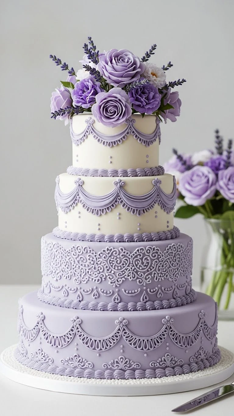 Lavender Wedding Cakes Ideas for a Timeless Celebration 11 Vintage-Inspired Lavender Wedding Cake with Piped Details