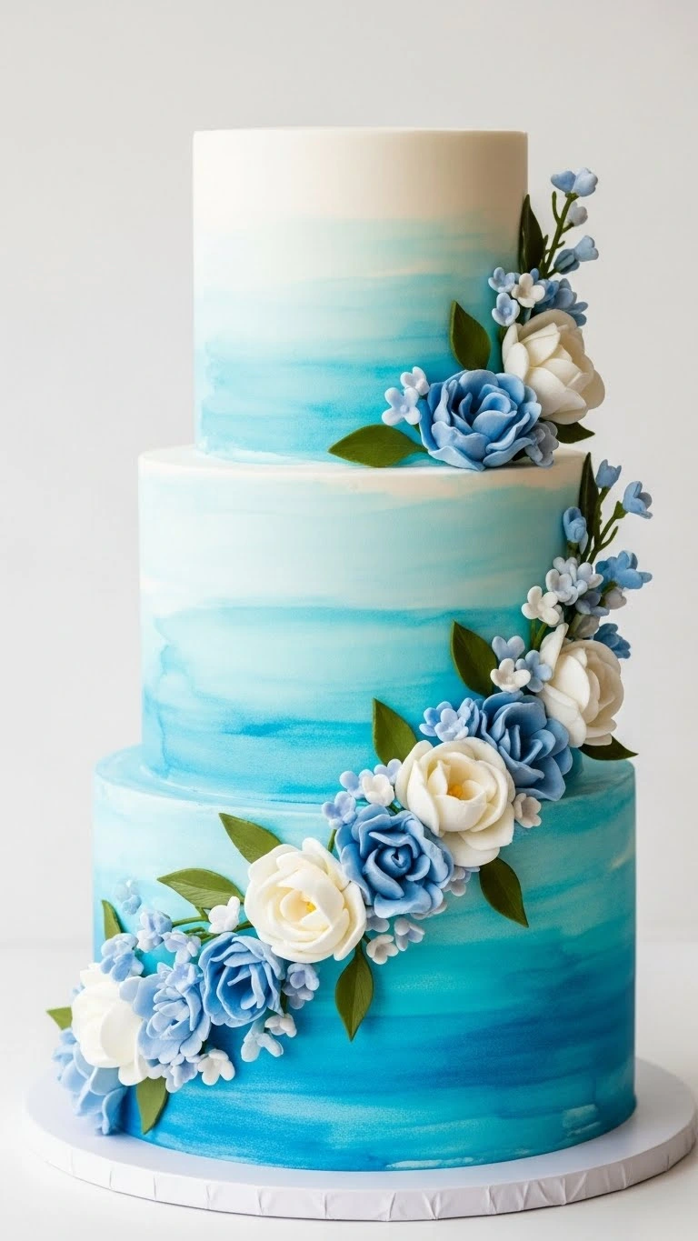 Light Blue Wedding Cake Ideas for a Dreamy Celebration 9 Watercolor Style Light Blue Wedding Cake