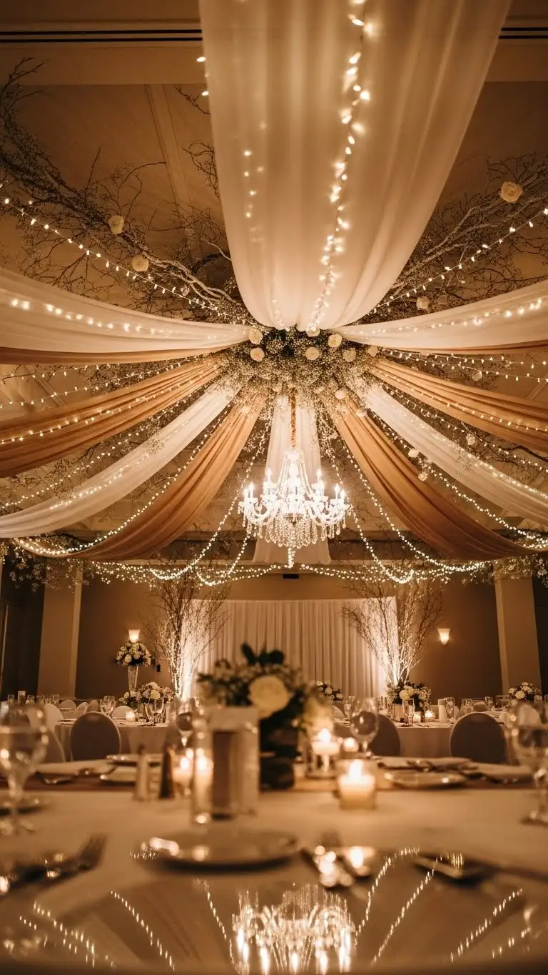 Winter Wedding Ideas That Feel Romantic & Timeless 25 Winter Wedding Ideas Using Elegant Ceiling Treatments 1