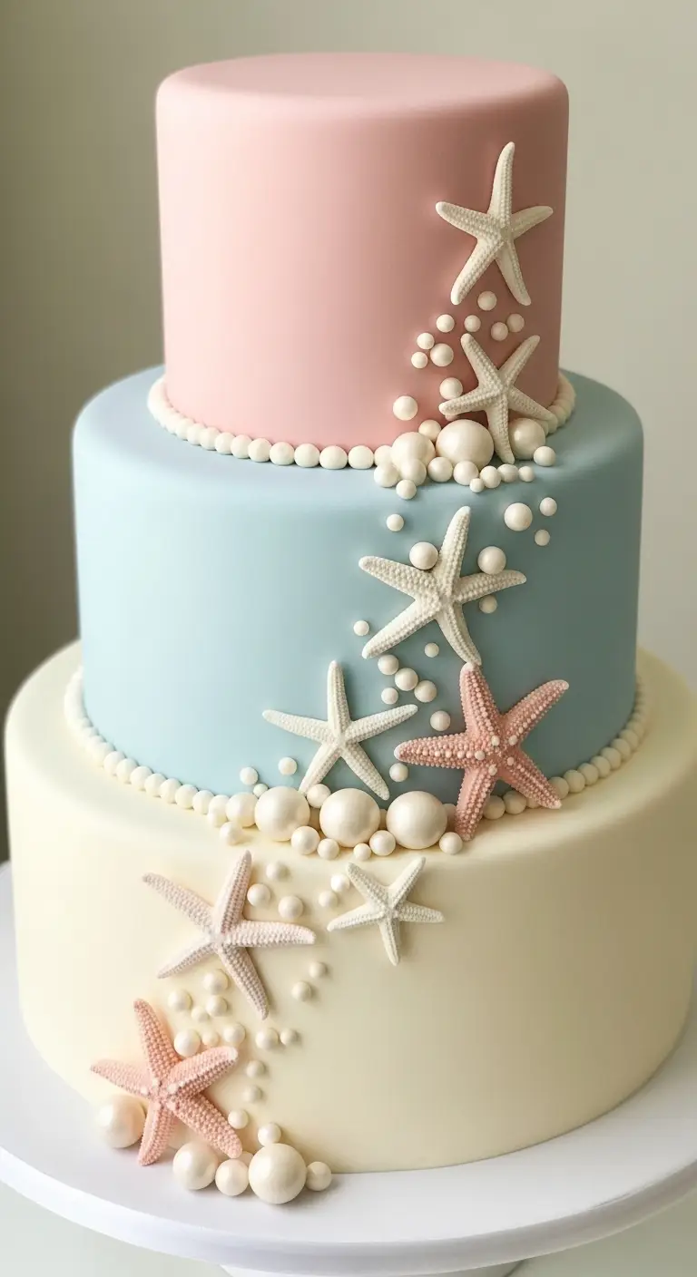 Neutral Ombre Wedding Cake Design 9. Starfish and Pearl Wedding Cake