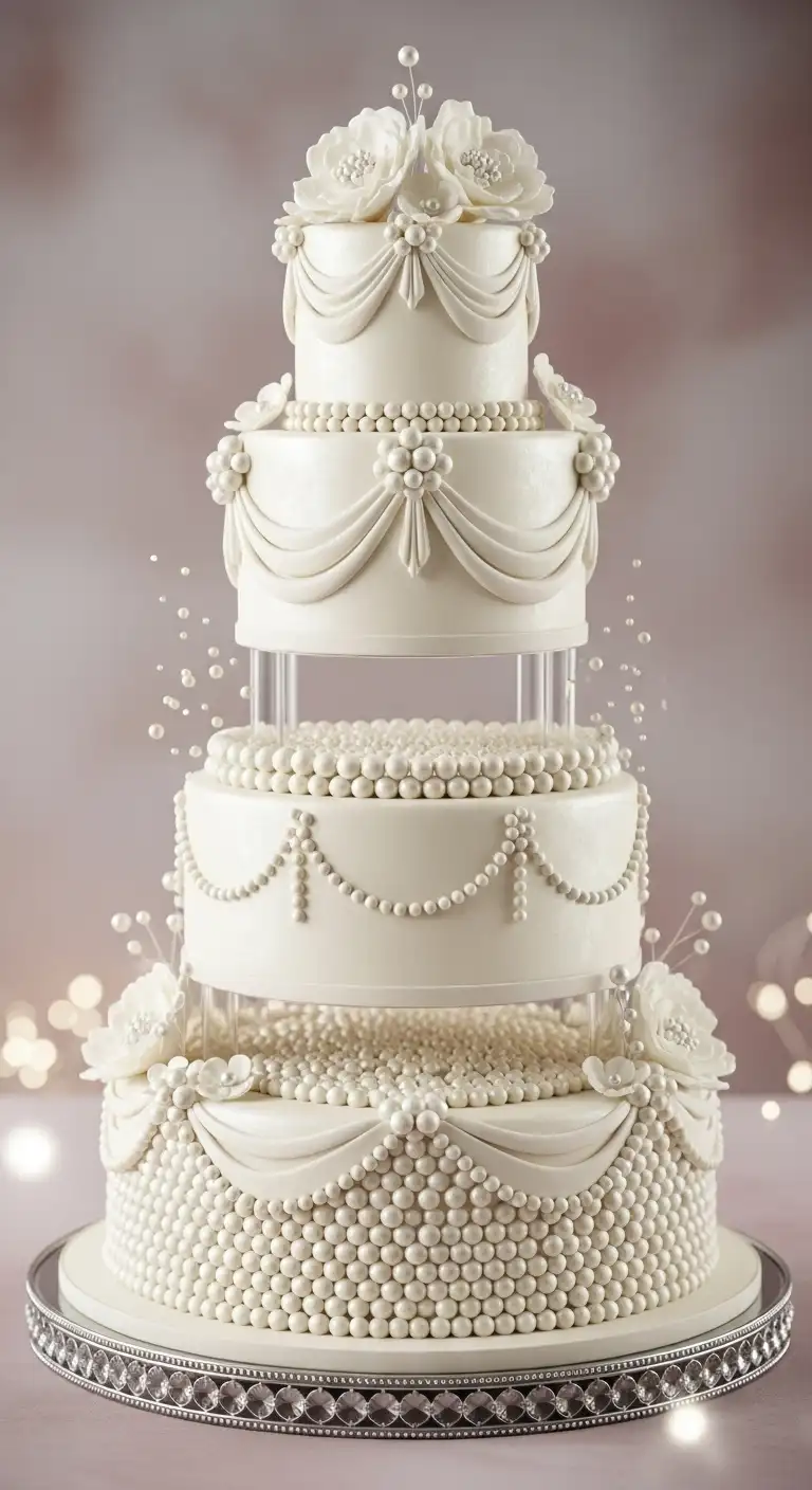 Neutral Ombre Wedding Cake Design Pearl Detailed Cake with Subtle Shimmer Finish