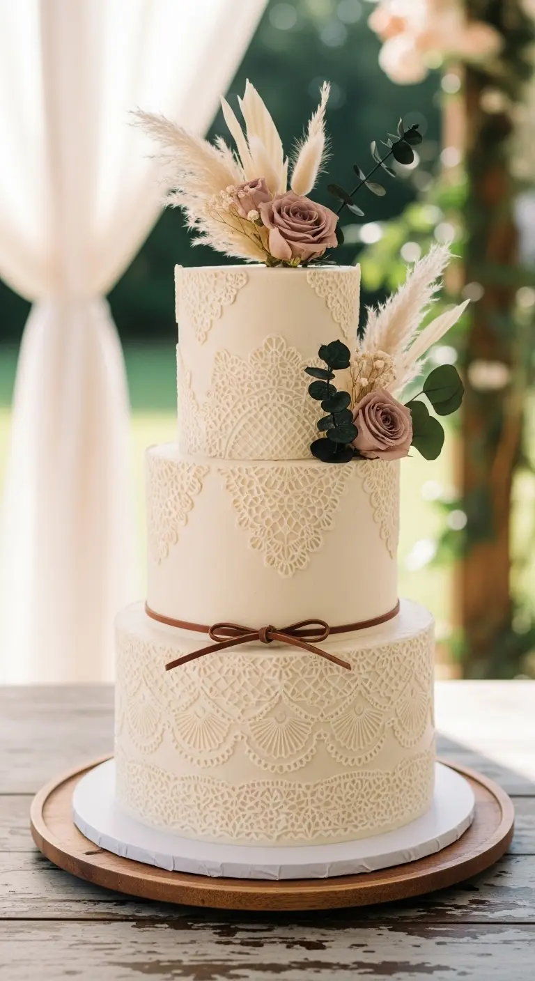 Neutral Ombre Wedding Cake Design Boho Wedding Cake with Lace-Inspired Buttercream Patterns