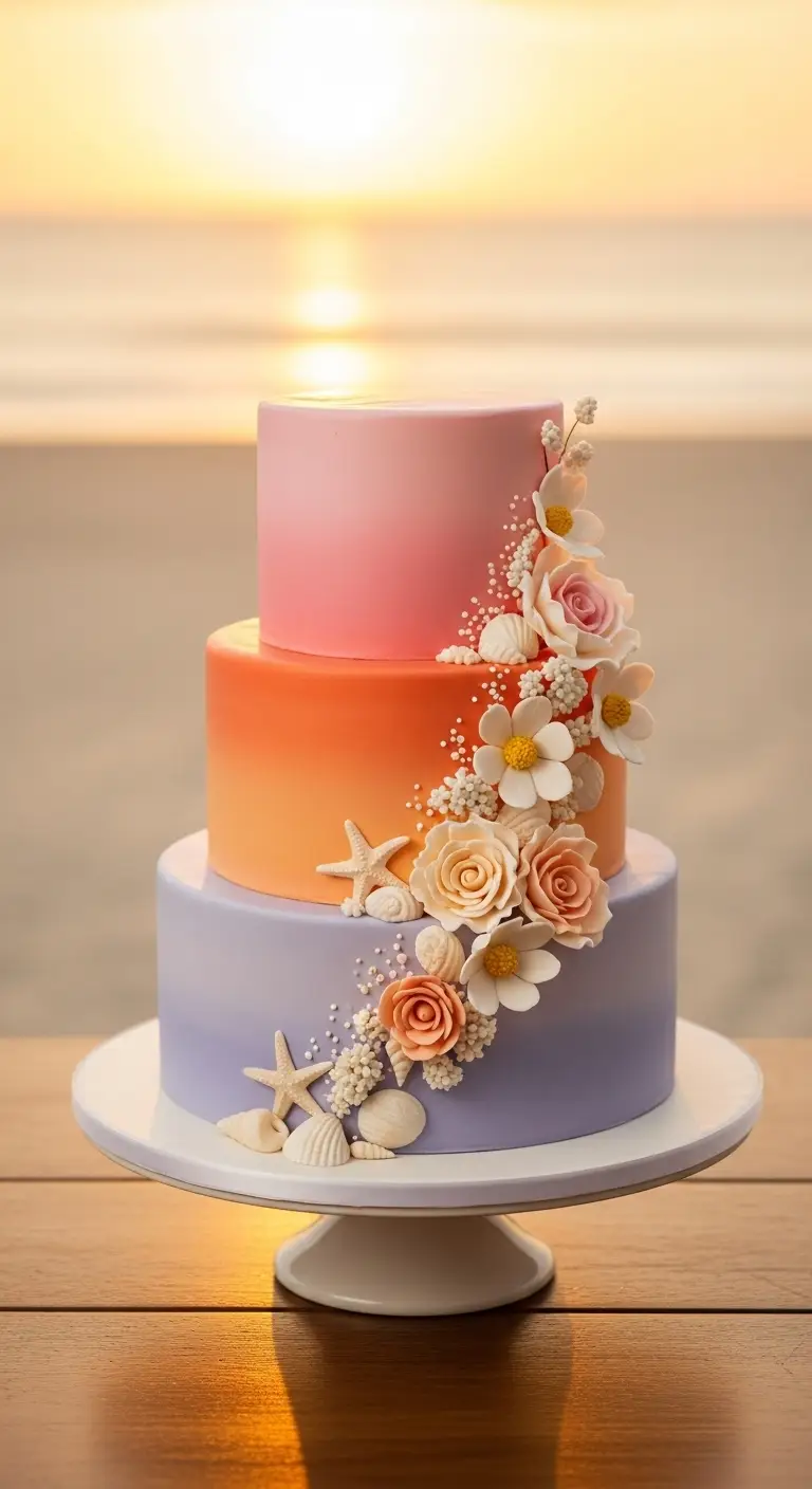 Neutral Ombre Wedding Cake Design 8. Sunset Gradient Beach Wedding Cake