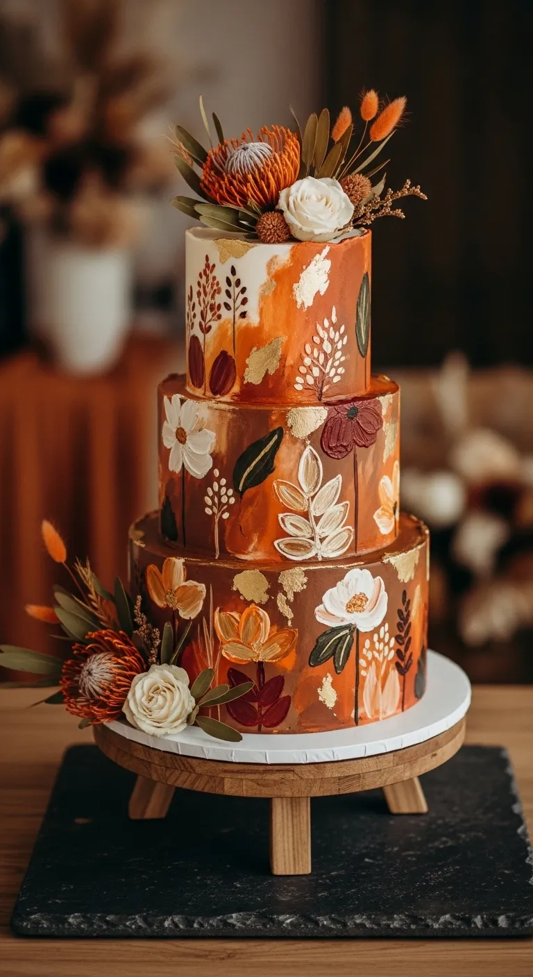 19. Yellow Monogram Cake Artistic Hand-Painted Rusty Orange Wedding Cake