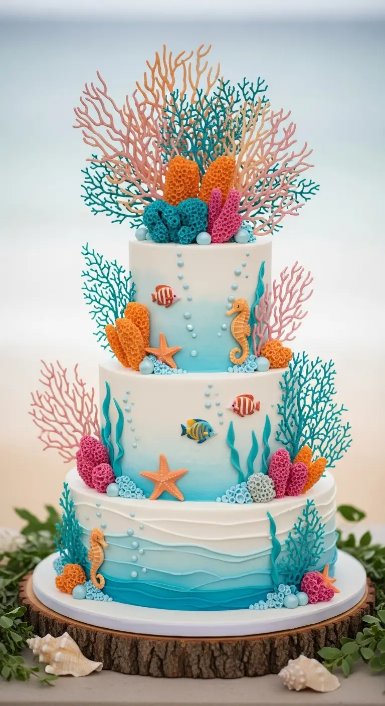 Neutral Ombre Wedding Cake Design 6. Coral Reef Inspired Wedding Cake