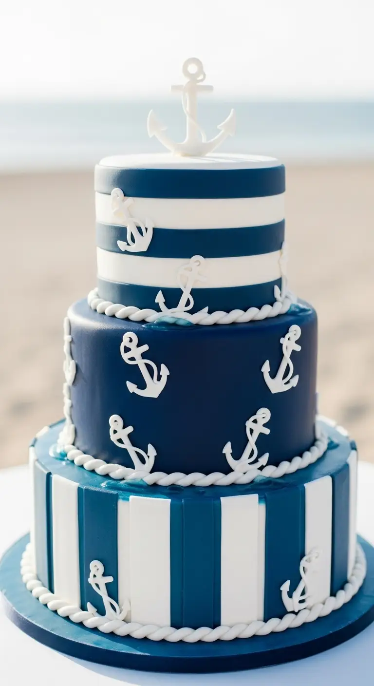 Neutral Ombre Wedding Cake Design 5. Nautical Stripes and Anchors Wedding Cake