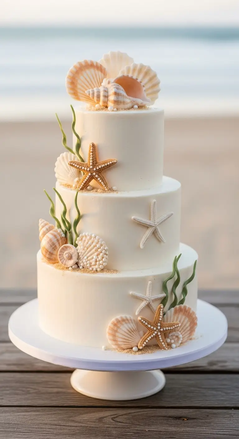 Neutral Ombre Wedding Cake Design 1. Seashell Adorned Buttercream Wedding Cake