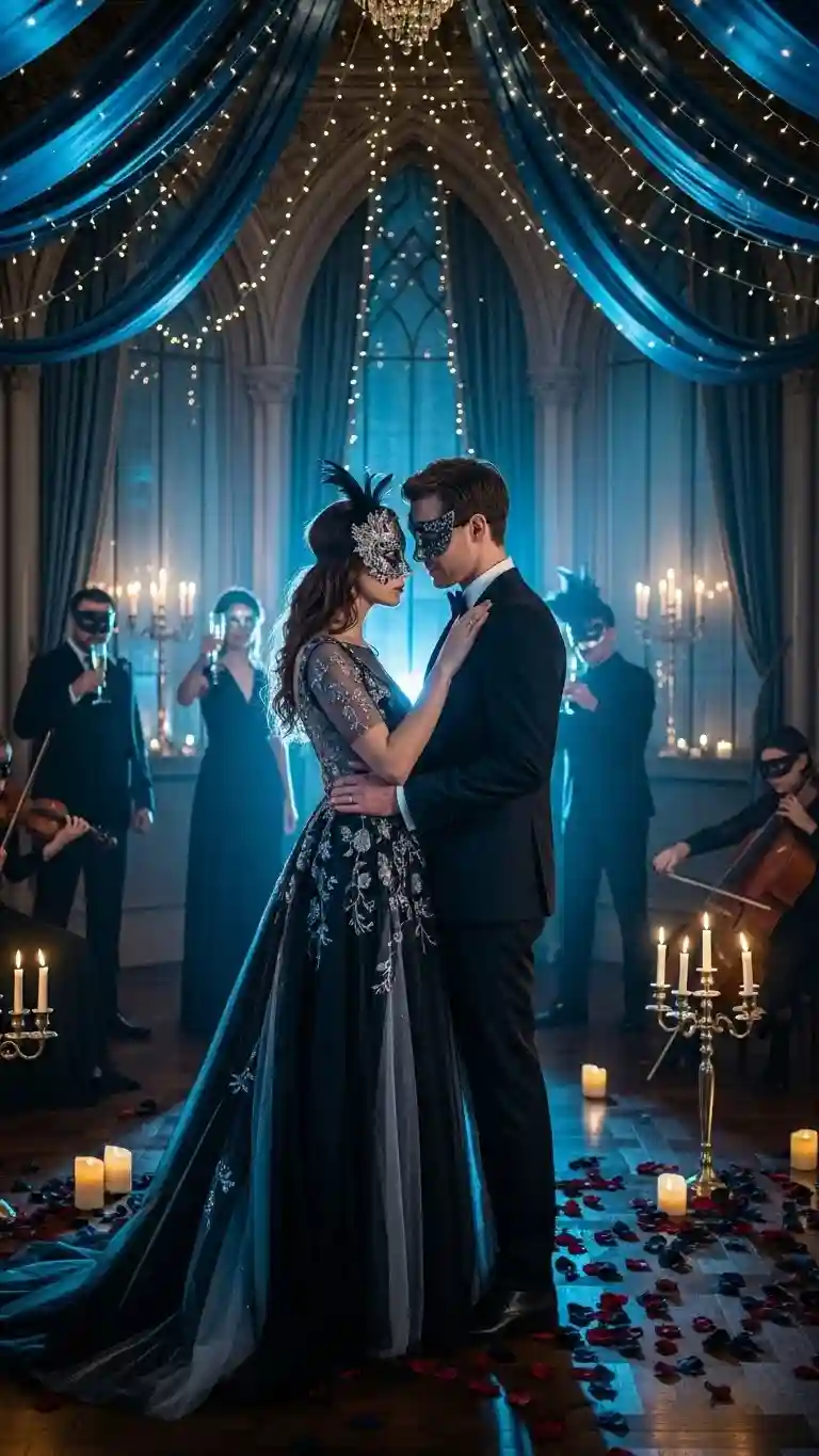 Aisle Runners with Coastal Motifs Behind Midnight Masquerade Wedding Themes