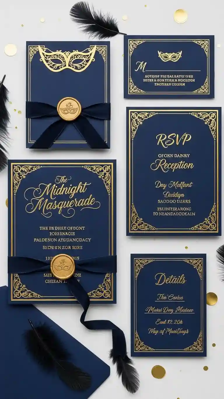 Aisle Runners with Coastal Motifs 7. Elegant Invitation Suite with Masquerade Motifs