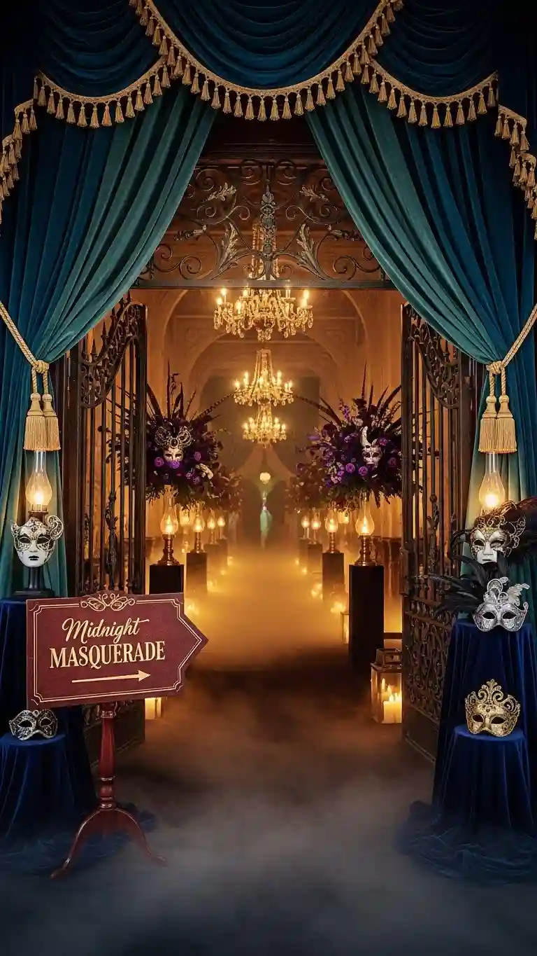 Aisle Runners with Coastal Motifs 9. Statement Entrance with Masquerade-Inspired Décor