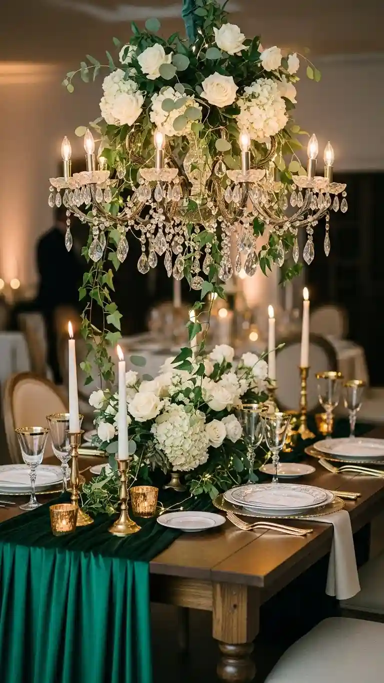 Aisle Runners with Coastal Motifs 1. Floral-Filled Fallen Chandeliers Over Reception Tables