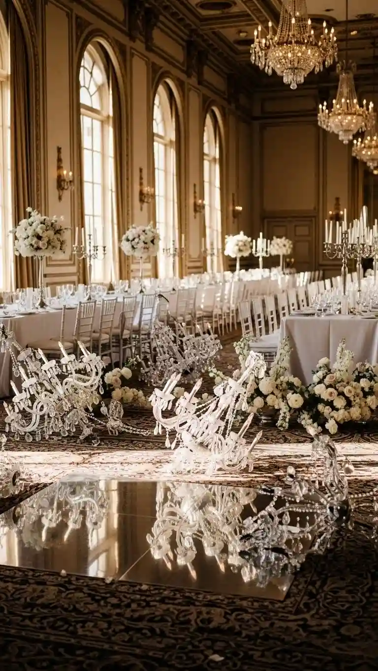 Aisle Runners with Coastal Motifs 2. Crystal Fallen Chandeliers for Classic Ballroom Weddings