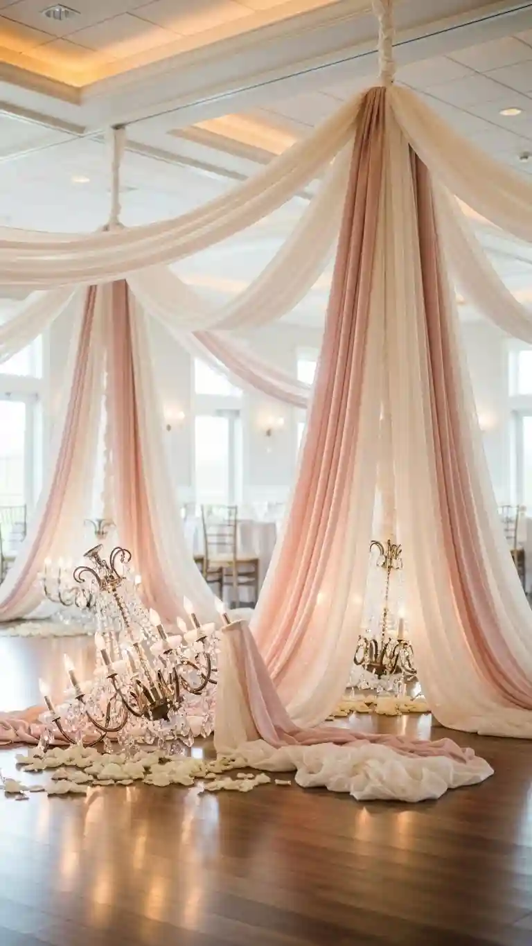 Aisle Runners with Coastal Motifs 7. Fabric-Draped Chandeliers for Romantic Softness