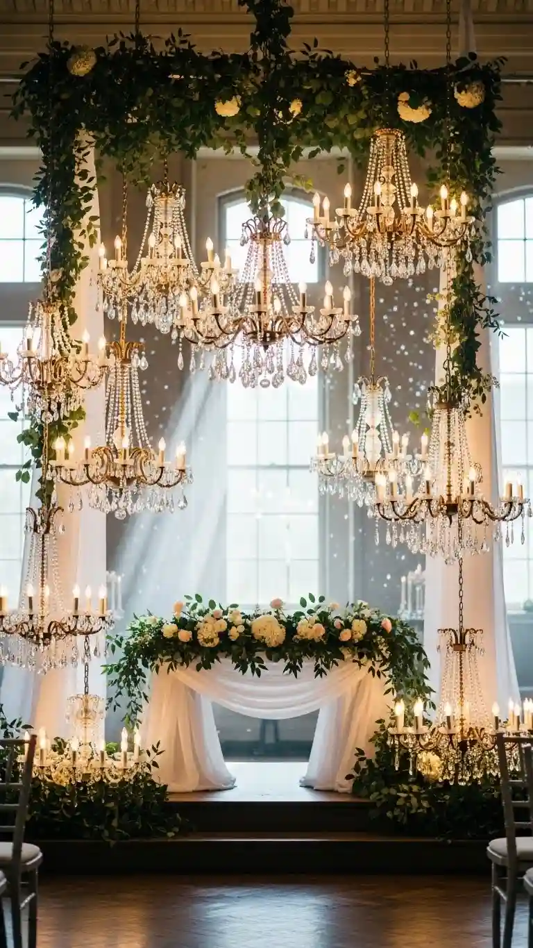 Aisle Runners with Coastal Motifs 10. Chandeliers Framing the Ceremony Altar