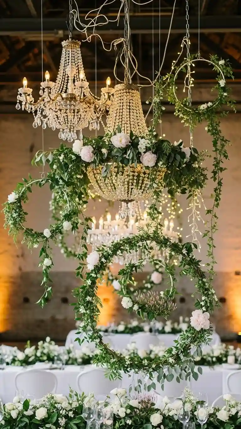 Aisle Runners with Coastal Motifs 11. Floral Hoop and Chandelier Hybrid Installations