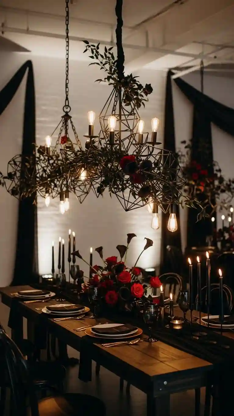 Aisle Runners with Coastal Motifs 13. Black Metal Chandeliers for Dramatic Contrast