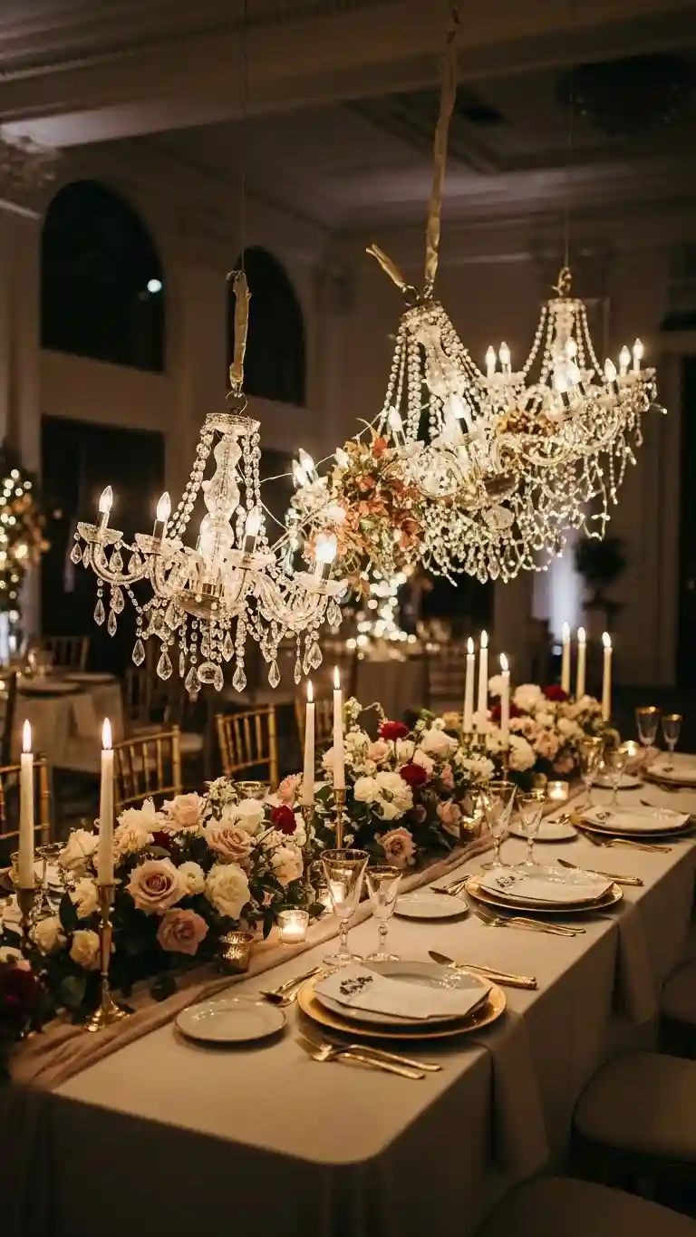 Aisle Runners with Coastal Motifs 14. Clustered Chandeliers Over Long Dining Tables
