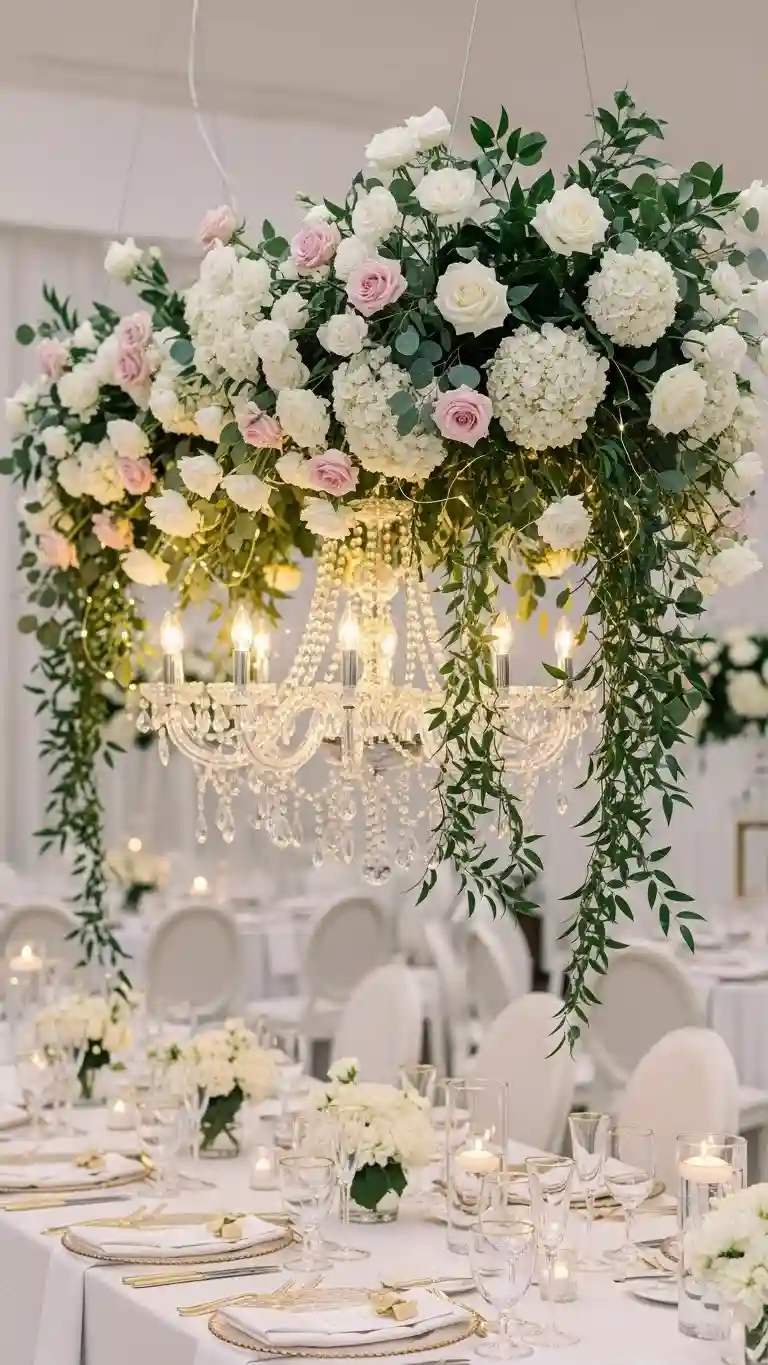 Aisle Runners with Coastal Motifs 15. Chandeliers Integrated with Hanging Florals