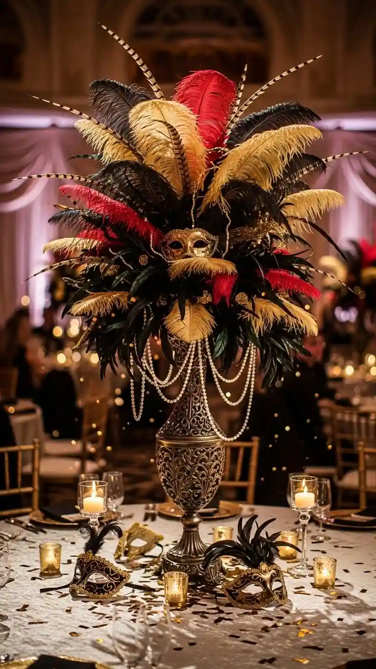 Aisle Runners with Coastal Motifs Dramatic Feather Centerpieces for Masquerade Tables