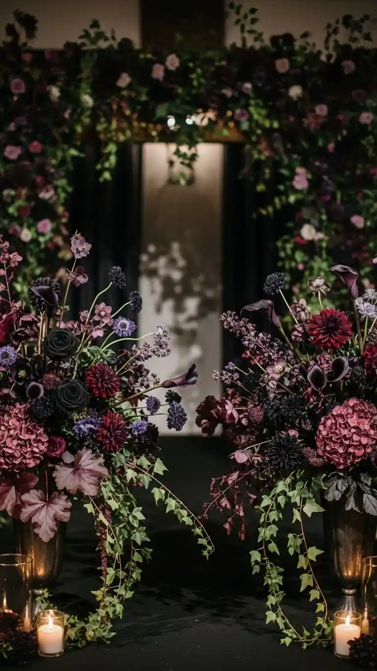 Aisle Runners with Coastal Motifs Moody Black and Plum Floral Ceremony Arrangements