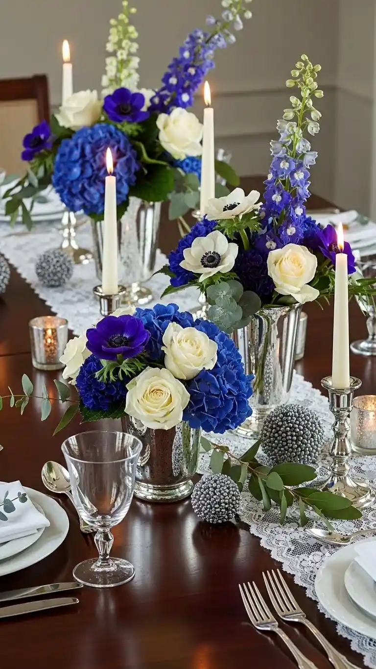 Aisle Runners with Coastal Motifs Midnight Blue and Ivory Floral Table Arrangements