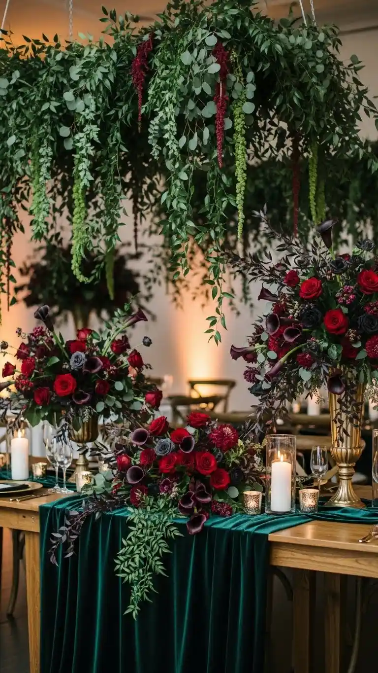 Aisle Runners with Coastal Motifs Dark Floral Wedding Arrangements with Cascading Greenery
